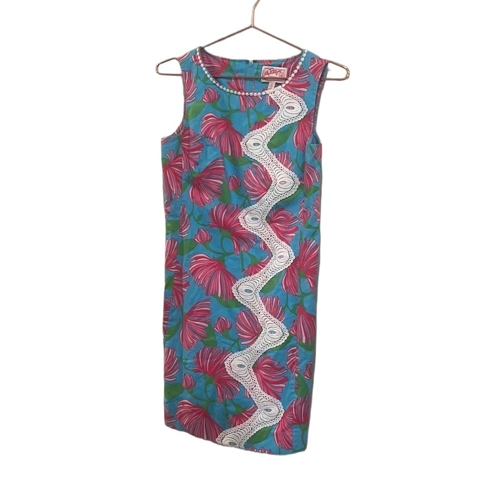 Lily Pulitzer embroidered dress.  Blue with green and pink floral dress.